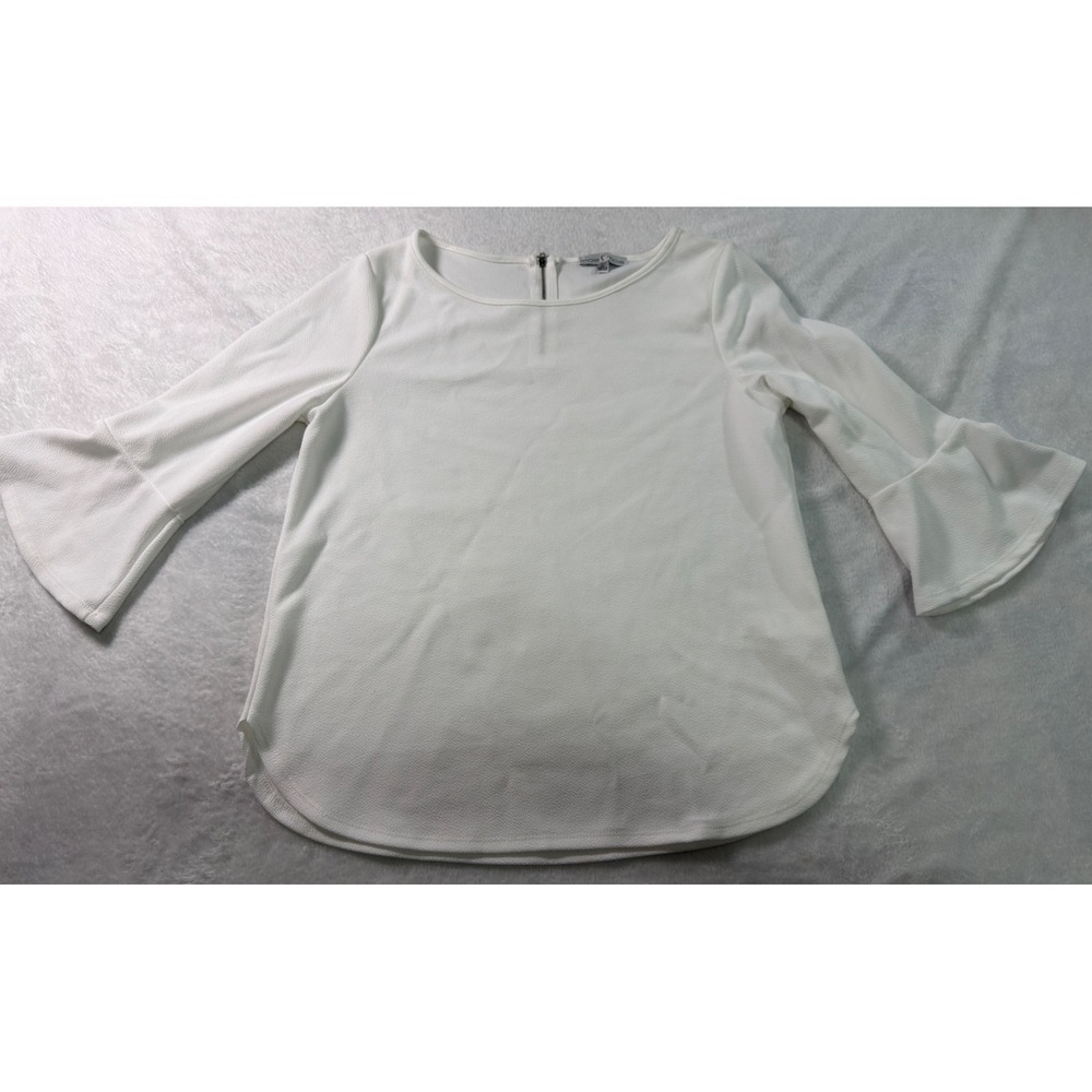 Moa‎ Moa White Textured Bell Sleeve Blouse XL Scoop Neck Back Zip MTE652-FKR
